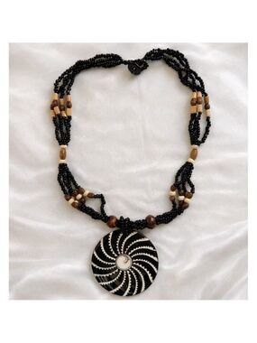 Boho Shell Statement Necklace Black Glass Wood Beads 18 in